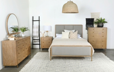 Taylor Light Honey Brown And Grey Upholstered Panel Bedroom Set