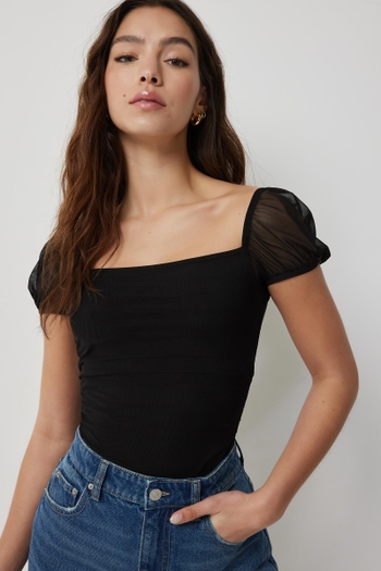 Women's Long Sleeves Square Cut Bodysuit Bodice Tops Tee Shirt - Black -  Sojoee Global