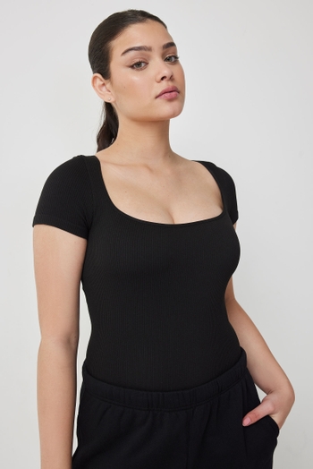 Eleonie Bodysuit - Square Neck Ribbed Bodysuit in Black
