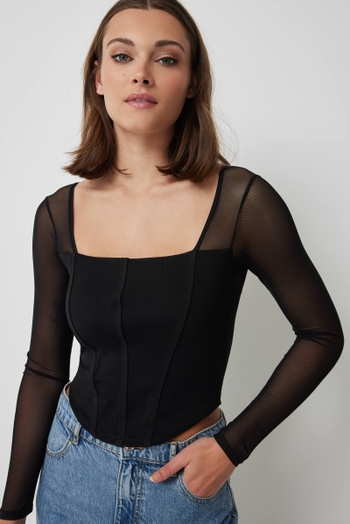 Seta T Women's Square Neck Sheer Long Sleeve Knit Bodysuit Black Small