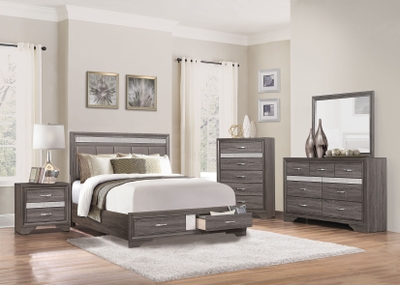 Luster Gray and Silver Glitter Upholstered Storage Platform Bedroom Set