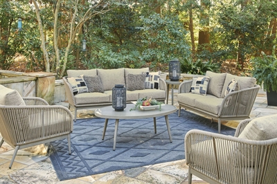 Sandy Bloom Beige And White Outdoor Conversation Set from Ashley Furniture  | Coleman Furniture
